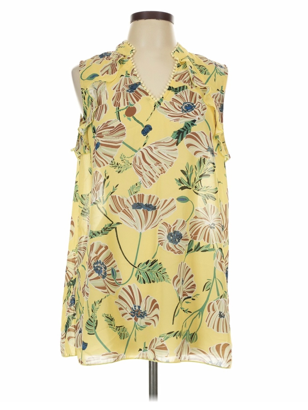 Suzanne Betro Yellow Floral Ruffle V-Neck Sleeveless Top